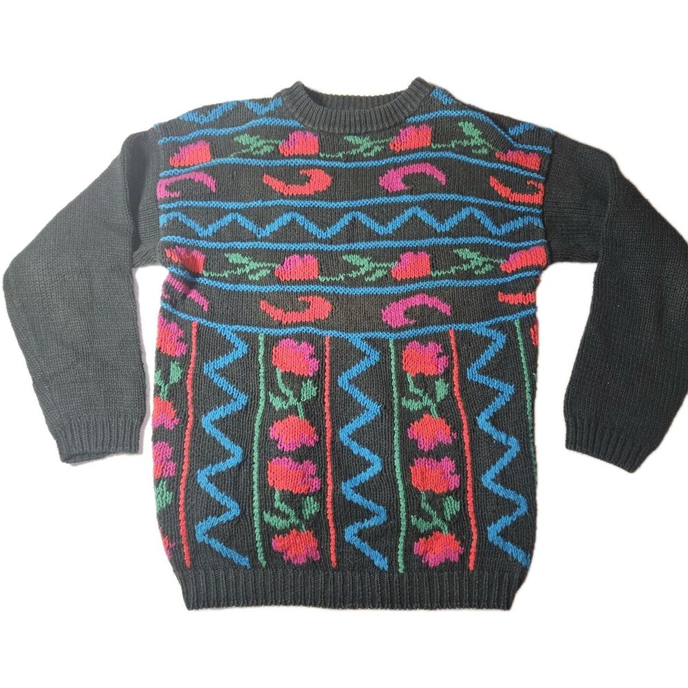 Vtg Med Rose 80s 90s Floral Chunky Knit Sweater Red Blue Green Grandmacore Boho